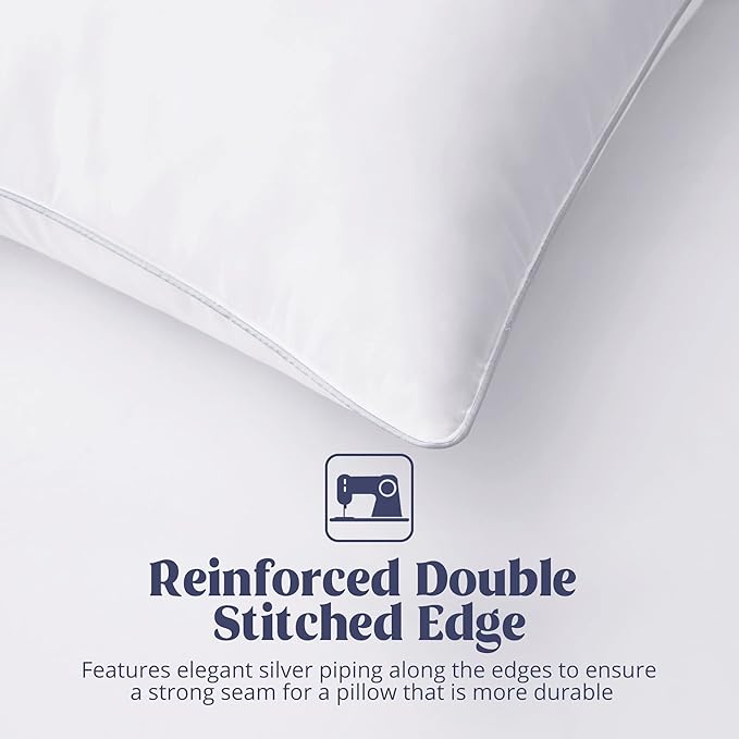 puredown® Goose Feathers Bed Pillows, 100% Cotton Cover, Standard Size Hotel Collection Pillows Set of 2 for Sleeping with Silver Piping, Feather and Polyester Filling