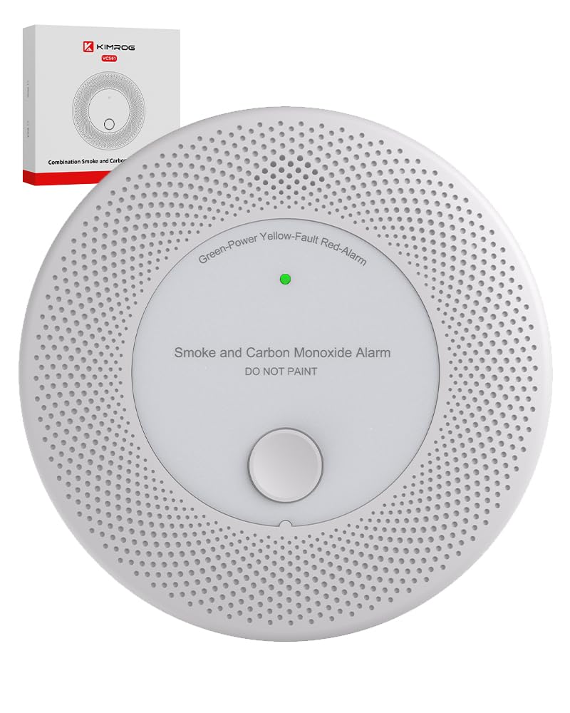 KIMROG 10-Year Sealed Battery 2-in-1 Smoke & Carbon Monoxide Detector Alarm | Home/Garage Combo CO & Smoke Alarm Detector with LED Warning Light Indicators & V-0 Flame-Retardant Housing(1-Pack)