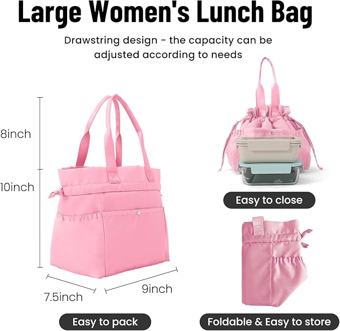 MEXS Lunch Bag for Women Reusable Drawstring Insulated Lunch Box Stain-Resistant Large Cinch Closure Lunch Bags for Work Office