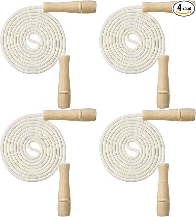 Hungdao 4 Pcs Jump Ropes for Kids with Wooden Handle Cotton Braided Adjustable Skipping Rope for Exercise Fitness Jumping ...