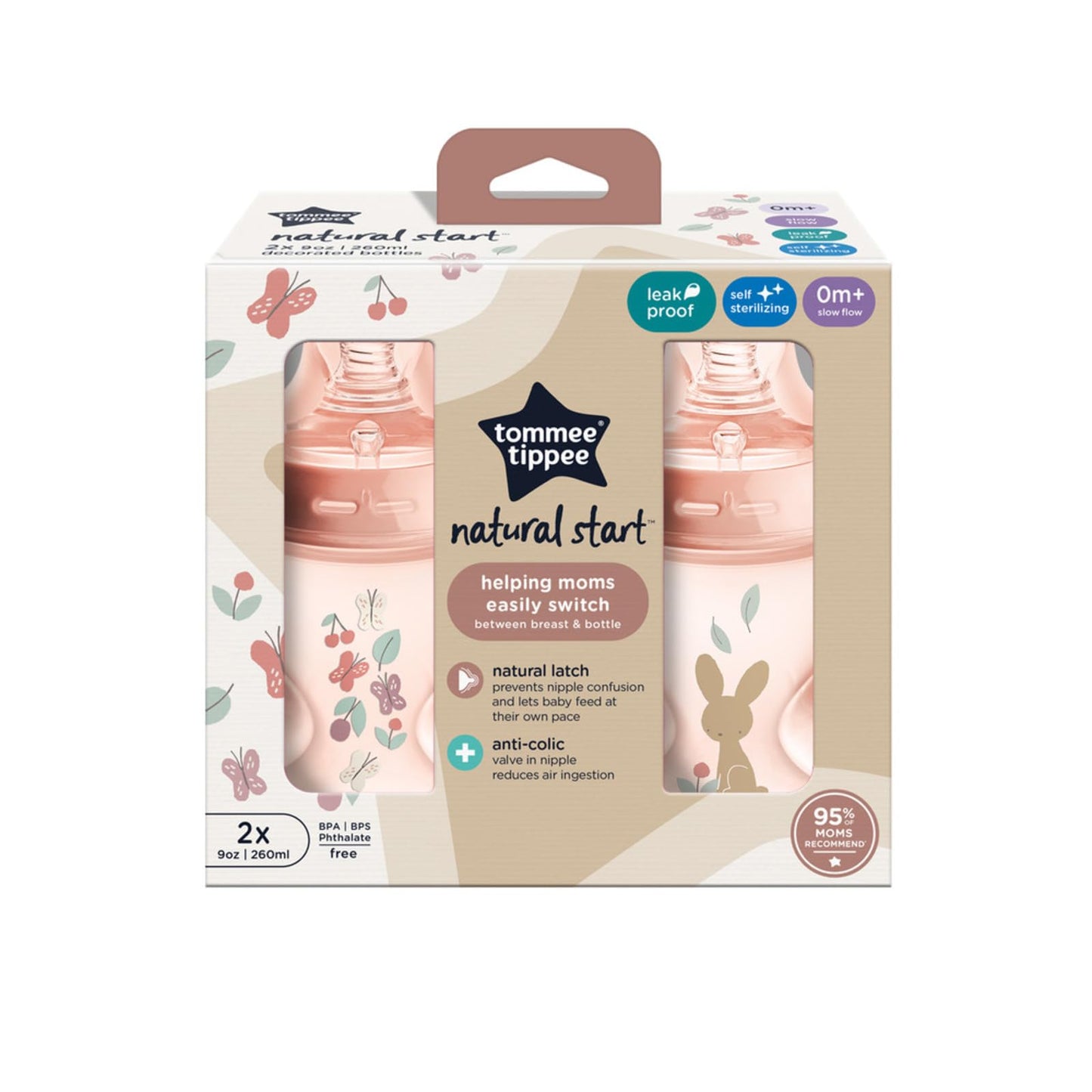 Tommee Tippee Natural Start Anti-Colic 9 oz BPA Free Baby Bottles, 0+ Months, Slow Flow Breast-Like Nipple, Self Sterilizing, Designed for Seamless Transition Between Bottle & Breast, Pink, Pack of 2