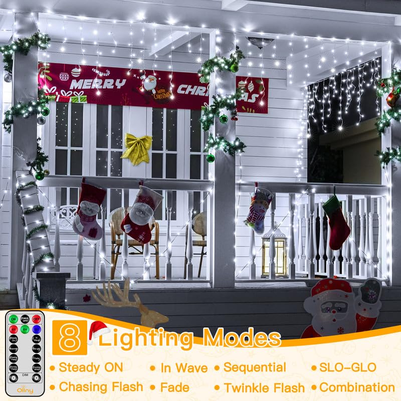 Ollny Icicle Lights 486LED, Cool White, Waterproof, 8 Modes, Remote Control, 40FT, Model HG-29V487BC