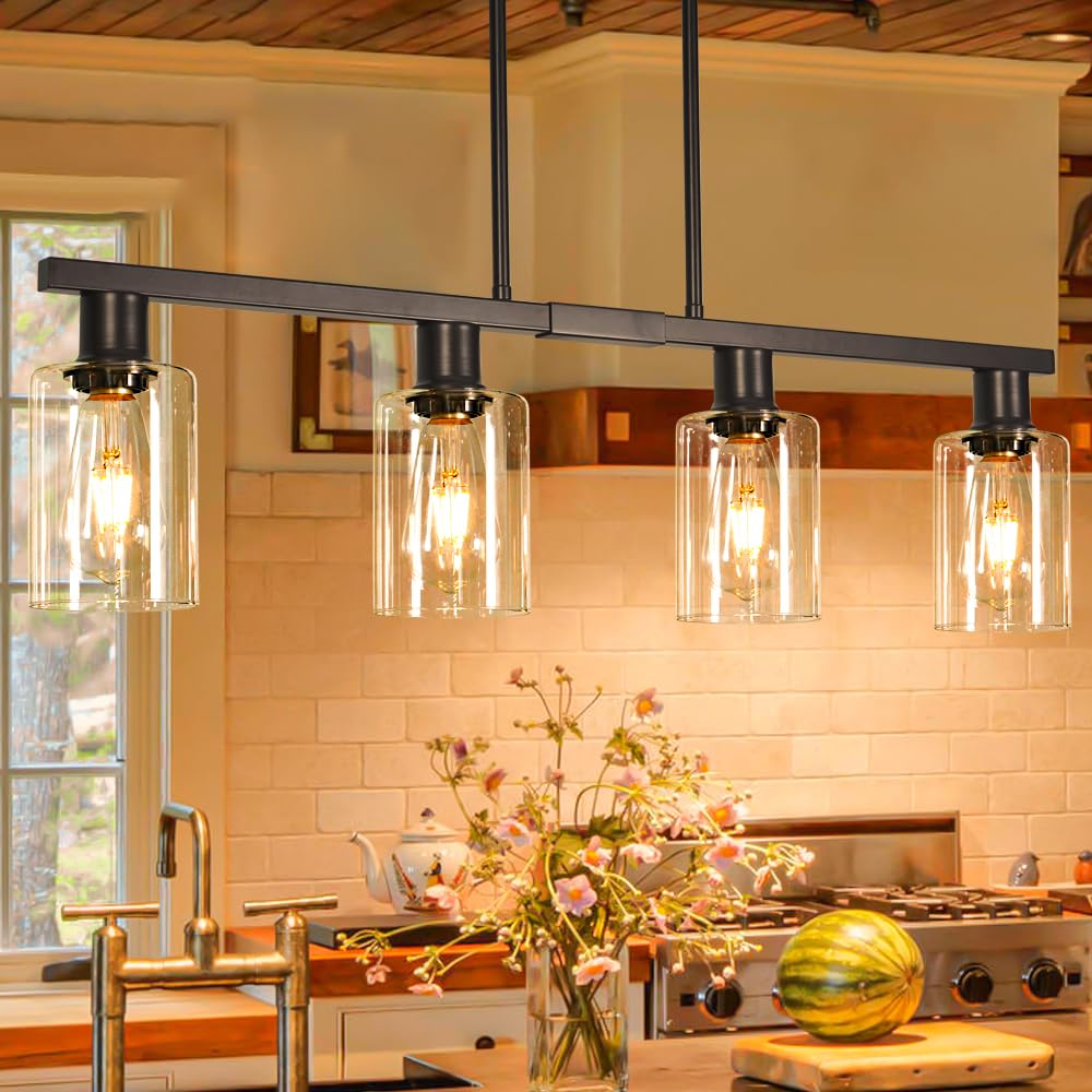 4-Light Kitchen Island Lighting  Black Farmhouse Chandelier With Adjustable Height & Clear Glass Shades  Linear Hanging Dining Room Light Fixture Over Table Bar  Simplicity Island Lights For Kitchen