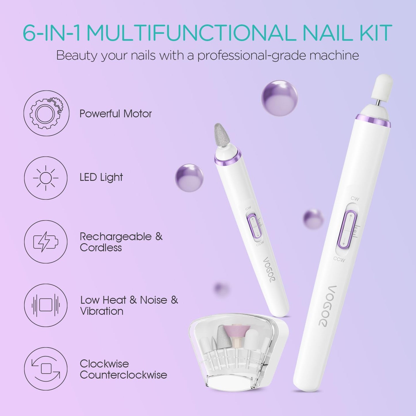 VOGOE Electric Nail Drill, Cordless Nail File Machine Kit 2 Directions & Speeds for Acrylic, Gel Nails, Rechargeable with LED &