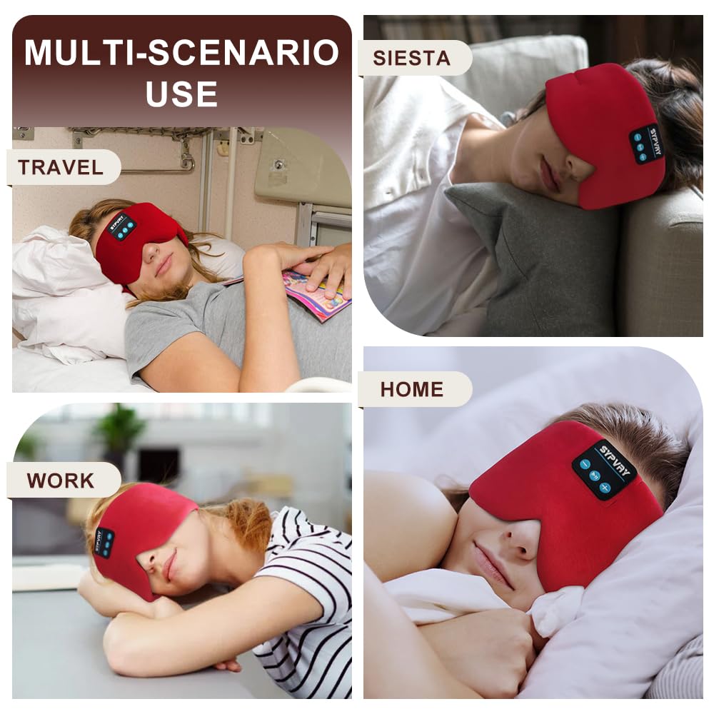 Sleep Mask Bluetooth 5.4 Headphones Soft Wireless Headband Eye Mask Blackout with Microphone (Red)