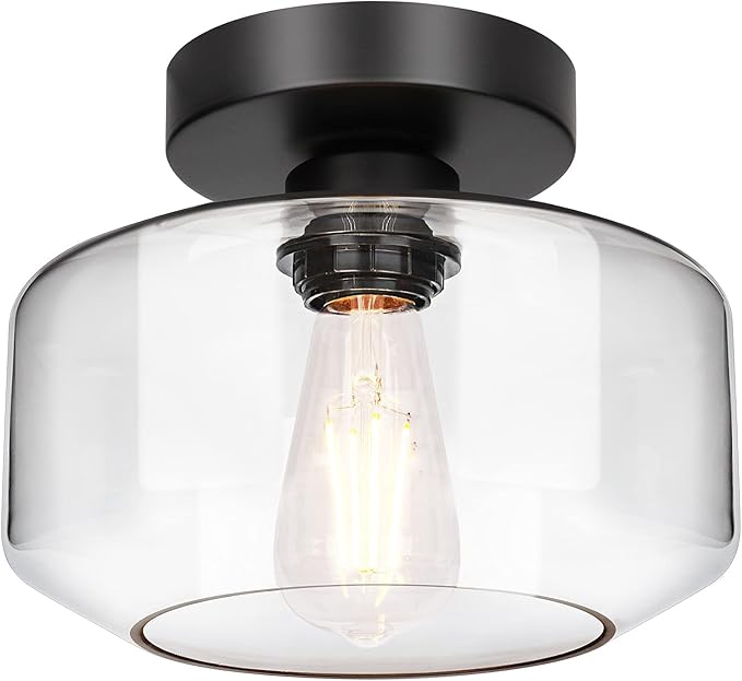 Industrial Semi Flush Mount Ceiling Light, 800 Lumen LED Bulb Included, Clear Glass Shade Ceiling Light Fixture, Farmhouse Light Fixture for Hallway Corridor Kitchen Bathroom Bedroom Passway