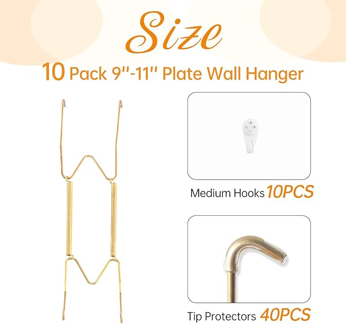 Bilillo 10 Pieces Wall Plate Hangers for Display, Suitable for 9-11 inch Art, Stainless Steel Invisible Heavy Duty Wire Plate Holder with 10 Pieces Wall Hooks