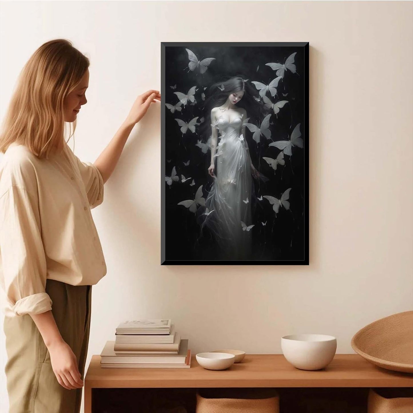 JFHCQJPK Vintage Gothic Feminine Canvas Wall Art Print Butterfly Poster Moody Female Wall Art Retro Artwork Dark College Decor for Home Bedroom12x16in Metal blackFramed