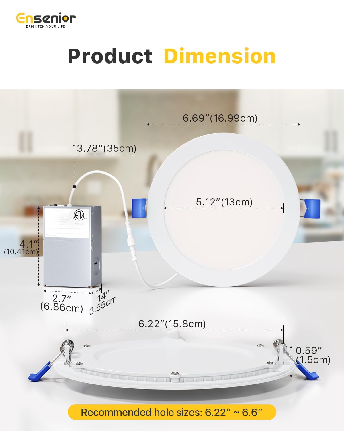 Ensenior 4 Pack 6 Inch LED Recessed Light, Dimmable, 5000K Daylight, 1200LM High Brightness, 12W 120V, 2 Pin, ERL-12X-ETL, Damp Rated, Ultra-Thin Canless Wafer Ceiling Light - ETL & FCC & IC