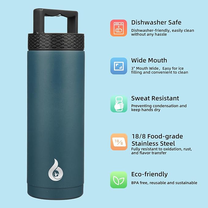 BJPKPK Insulated Water Bottles, Dishwasher Safe 18 oz Water Bottle with Handle, Leakproof BPA Free Thermal Flasks, Stainless Steel Jug for Sports, Navy Blue