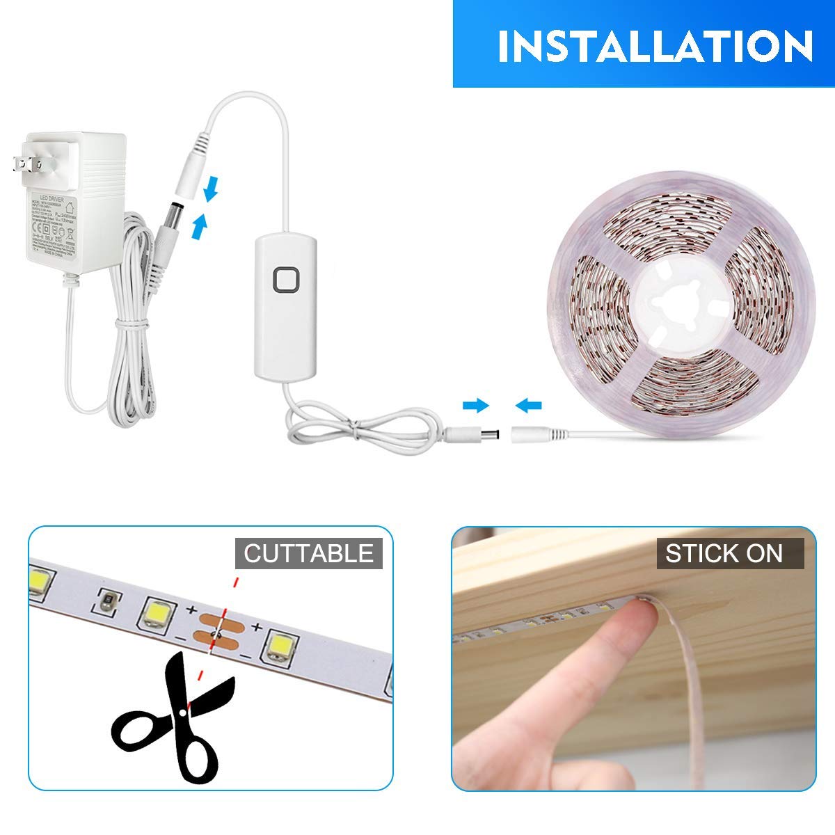 MYPLUS LED Strip Lights, 16.4ft Cold White 6000K, Dimmable 700 Lumen, 300 LEDs, Flexible for Vanity Mirror, Under Cabinet, Kitchen