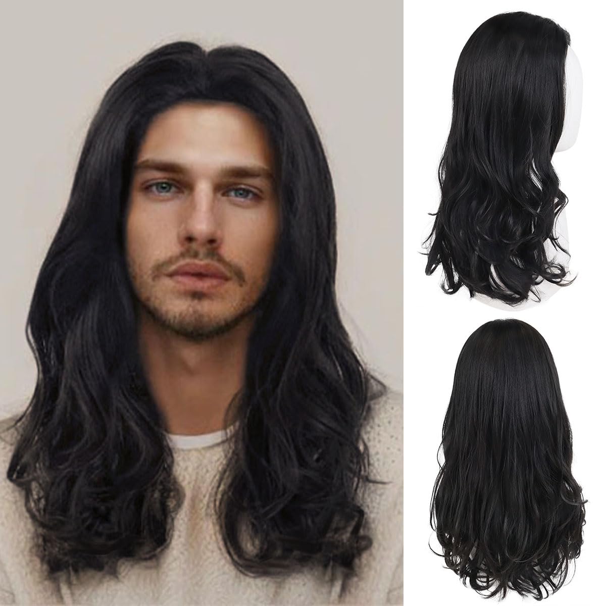 GNIMEGIL 22 inch Long Black Curly Wigs for Men Natural Wavy Hairstyle 70s 80s Theme Party Wig Halloween Costume Male Music Perfo