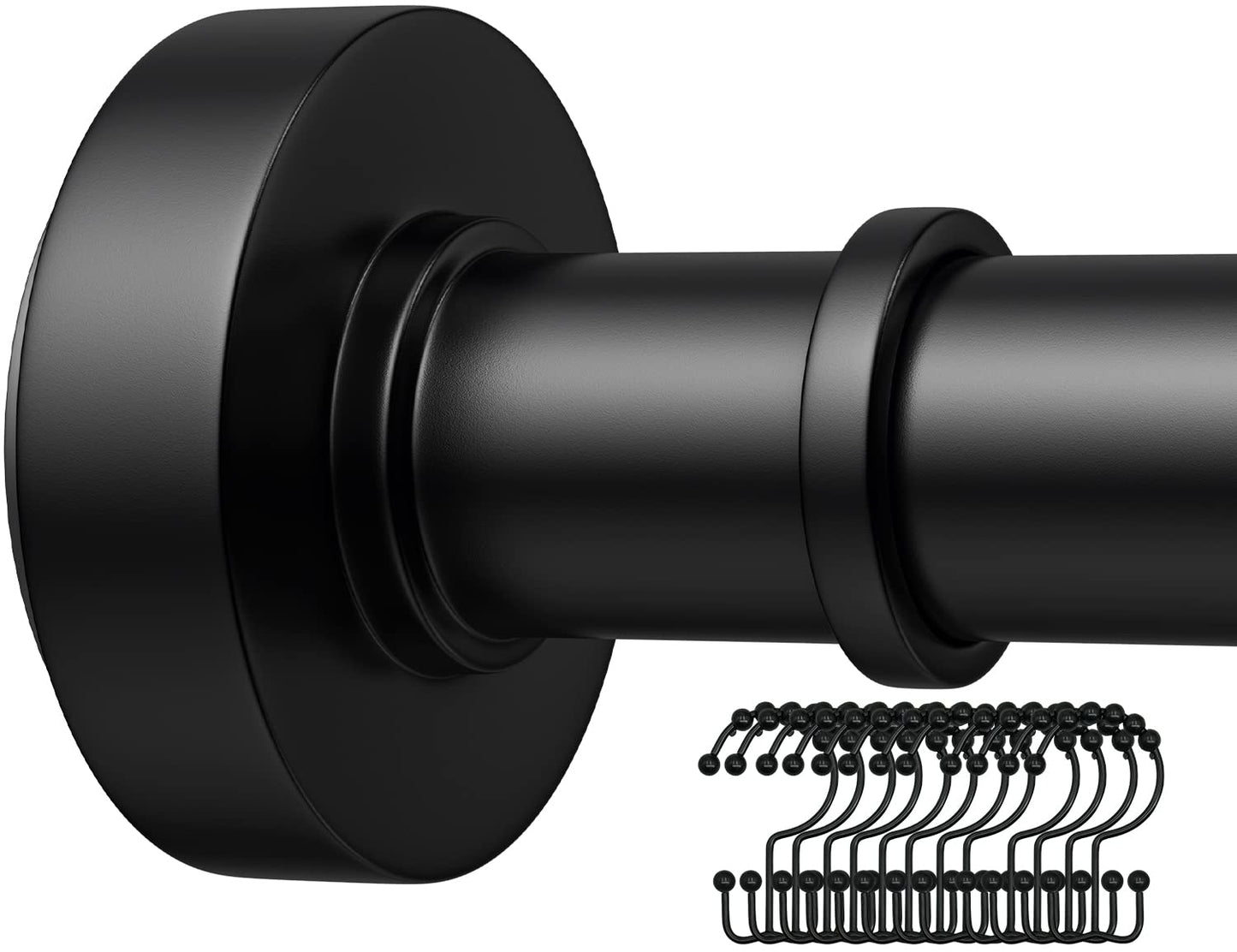 Black Shower Rod with 12 Hooks, 43-72 Inches, Rust Resistance, Adjustable Tension Rod with Durable Spring, No Drilling - Use For Bathroom, Bedroom, Home, Matte Black