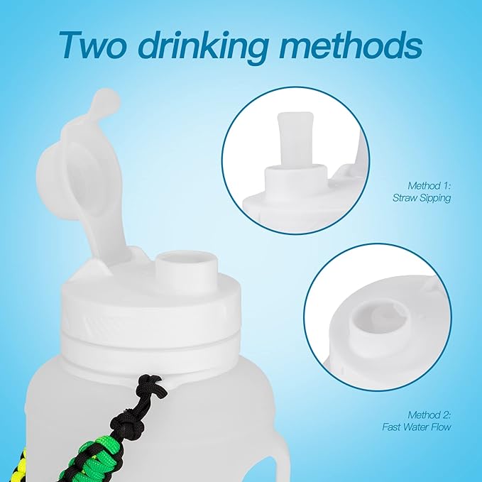 68 oz Collapsible Water Bottles With Straw, Half Gallon Water Bottle With Motivational Time Marker, Large Reusable Silicone Water Jug With Paracord Handle For Sports, Outdoors (White)