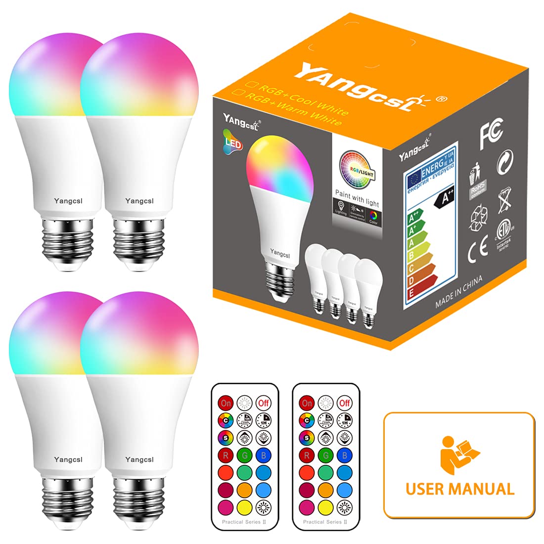 Yangcsl Led Light Bulbs 70W Equivalent  Rgb Color Changing Light Bulb  2 Moods/Memory/Sync/Dimmable  A19 E26 Screw Base  Timing Remote Control Included (Pack Of 4)