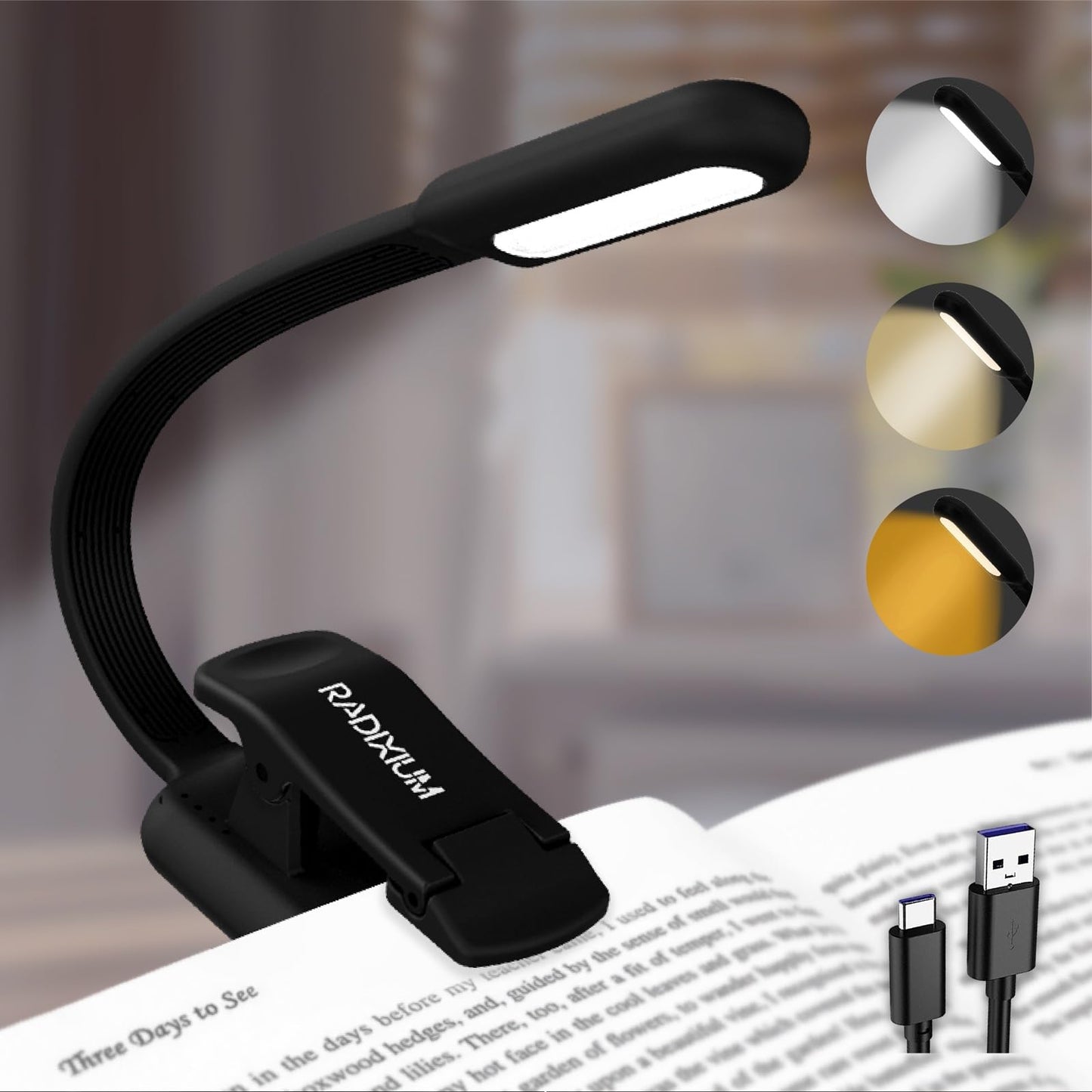 Radixium Rechargeable Book Light For Reading - 9Led Eye-Caring Clip Light W/ 9 Color Temp  Stepless Dimming  50H Battery  Usb-C  Ultra Slim - Gift For Book Lovers (Black)