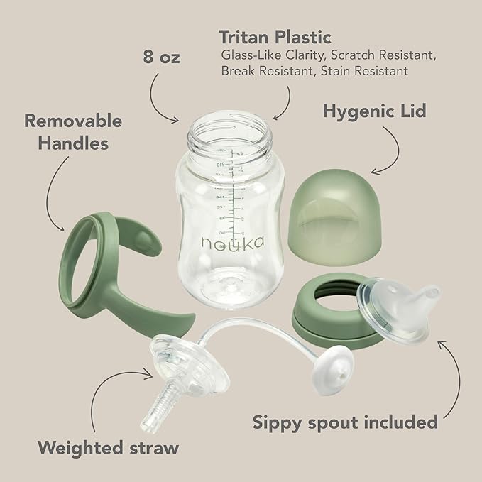 nouka Tritan Plastic Transitional Sippy Cup with Weighted Straw | Leak Proof and Easy Grip | Removable Handles | Soft Sand