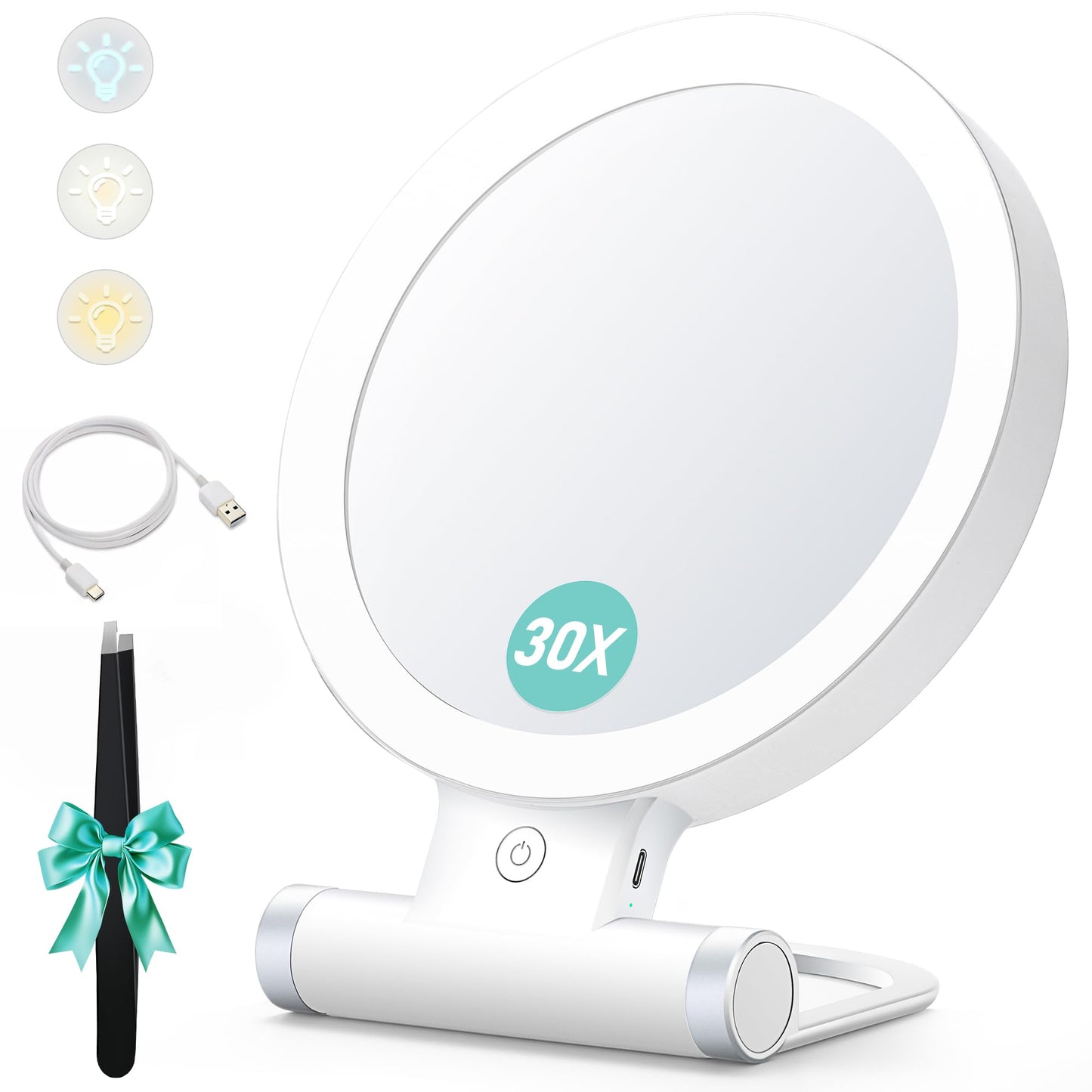 B Beauty Planet Magnifying Mirror with Light 30X/1X,Double Sided Tabletop Mirror with Adjustable Folding Handle,Cosmetic Mirror