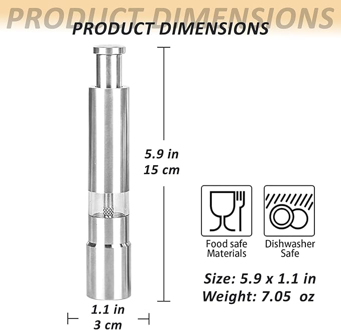 Single Stainless Steel Salt and Pepper Grinder Set, Manual Refillable Peppercorn Mills with Push Button, Thumb Grinder, Sliver White, One Piece