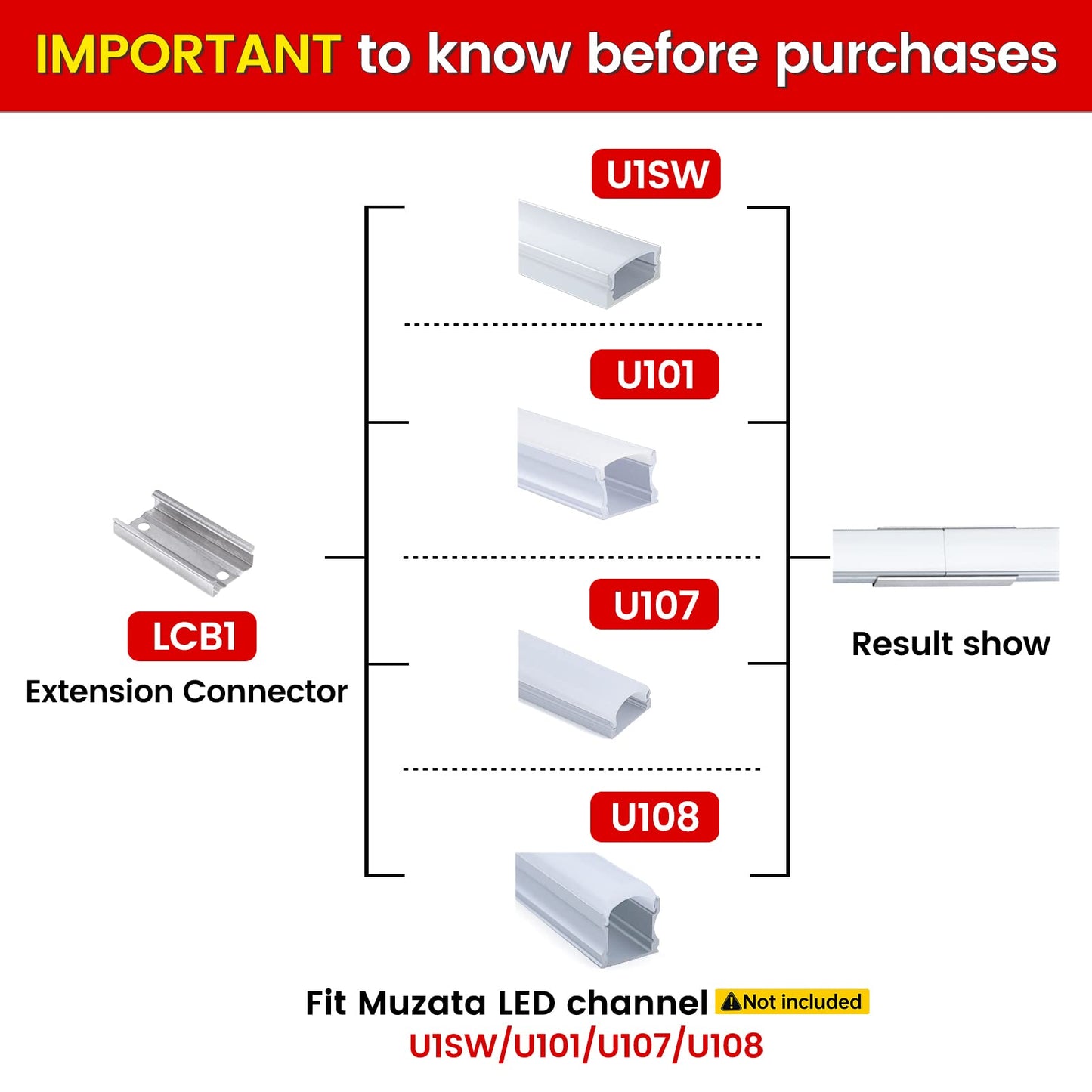 Muzata LED Channel Extension Connectors 20Pack, Model LCB1, Metal, Fits U1SW U101 U107 U108, 17MM Width U Shape