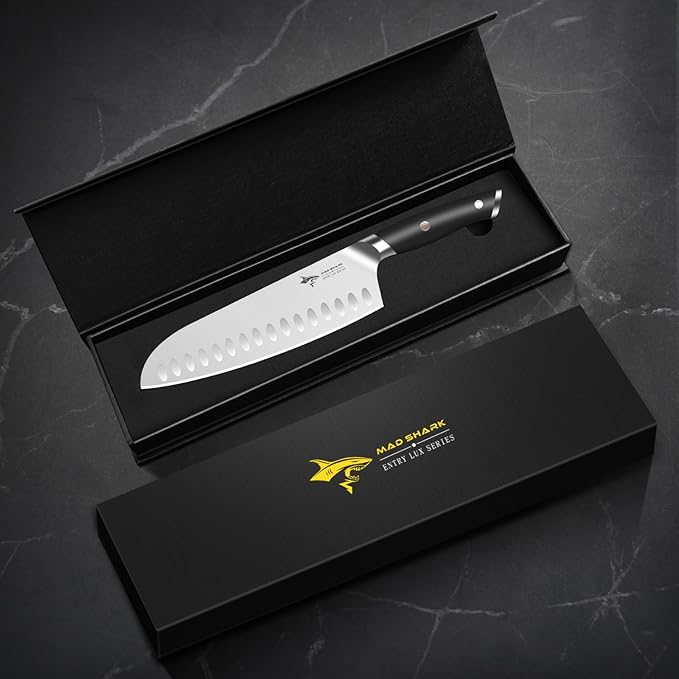 MAD SHARK 8" Santoku Kitchen Knife, Forged German High Carbon Steel Chef Knife, Full Tang Ergonomic Handle, Ultra Sharp for Chopping & Slicing,Birthday Christmas Gifts for Women Men,Gift Box