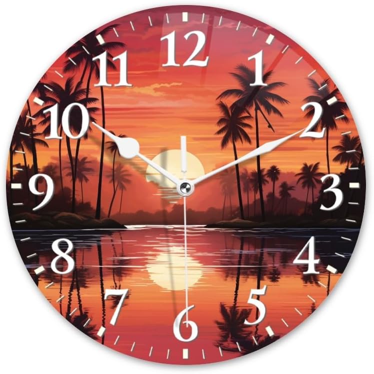 Sunset Wall Clock Non-Ticking Silent Clocks Battery Operated Analog Decor Clock for Home-Sunset with Palm Trees and Reflections On The Water(10inch)