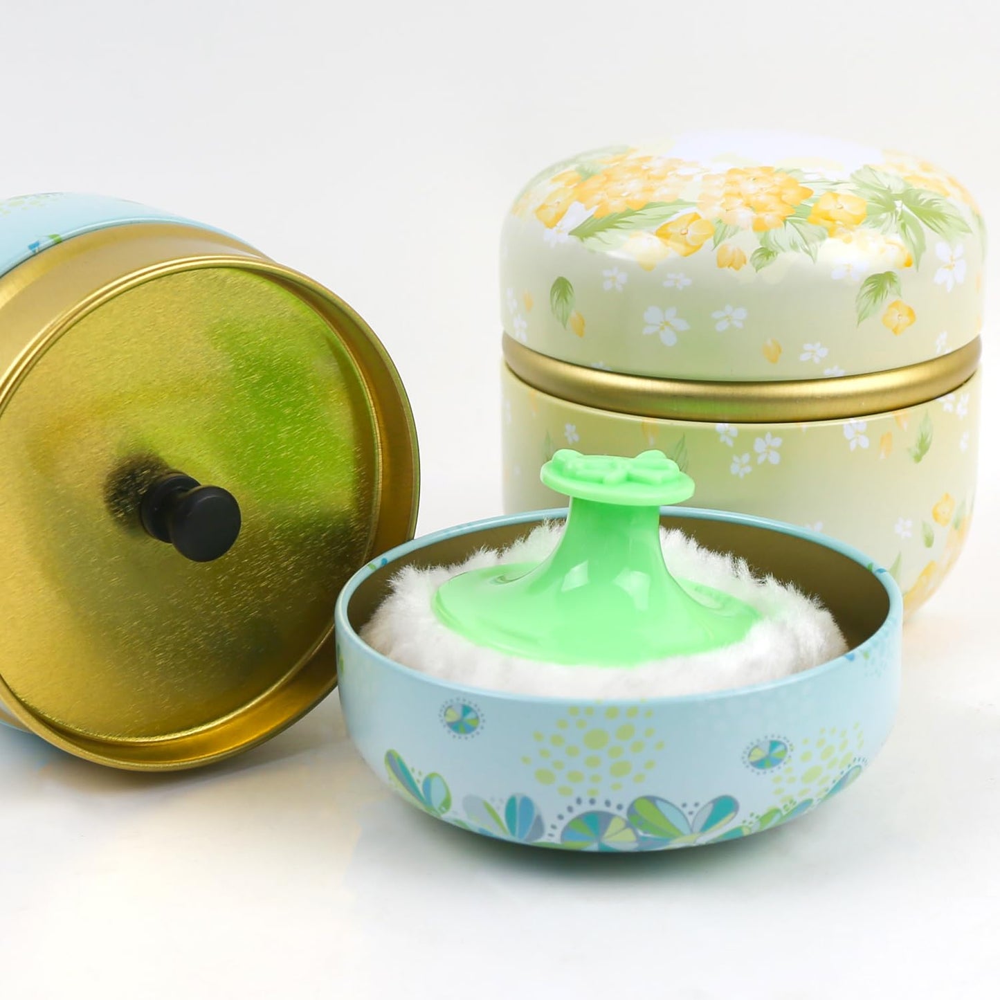 ASUNFO 2 Pcs Body Powder Puff and Container Large with Powder Puffs Empty Bath Dusting Box for Women Light Yellow & Light Blue