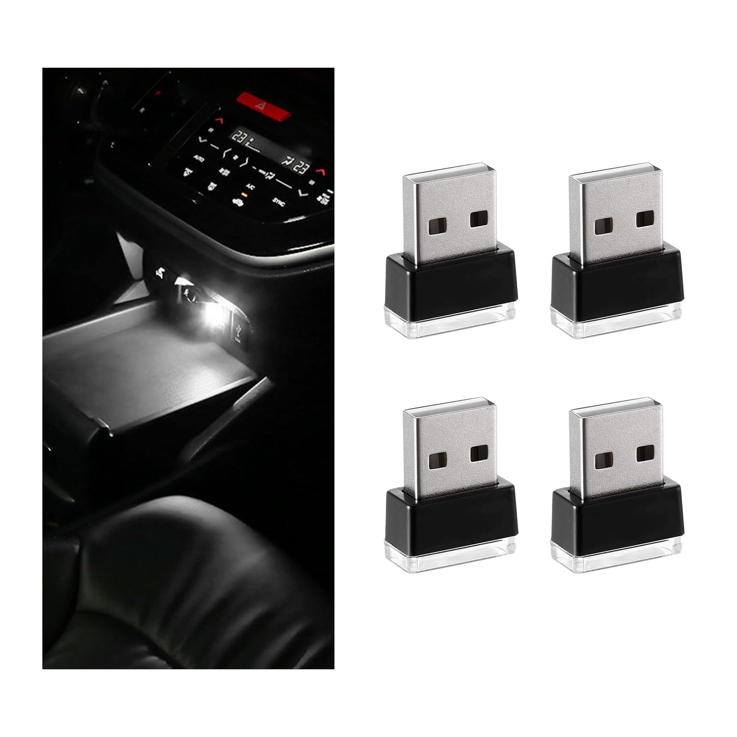 Sylvil 4 Pcs Usb Led Car Interior Atmosphere Lamp  Portable Mini Led Night Light  Plug-In Usb Interface Trunk Ambient Lighting Kit  Universal Interior Car Accessories (White)