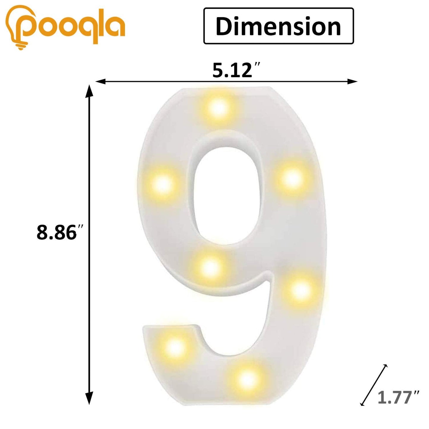 Pooqla Decorative LED Light Up Number (9) - White Plastic Marquee Sign - Warm White, Battery Operated