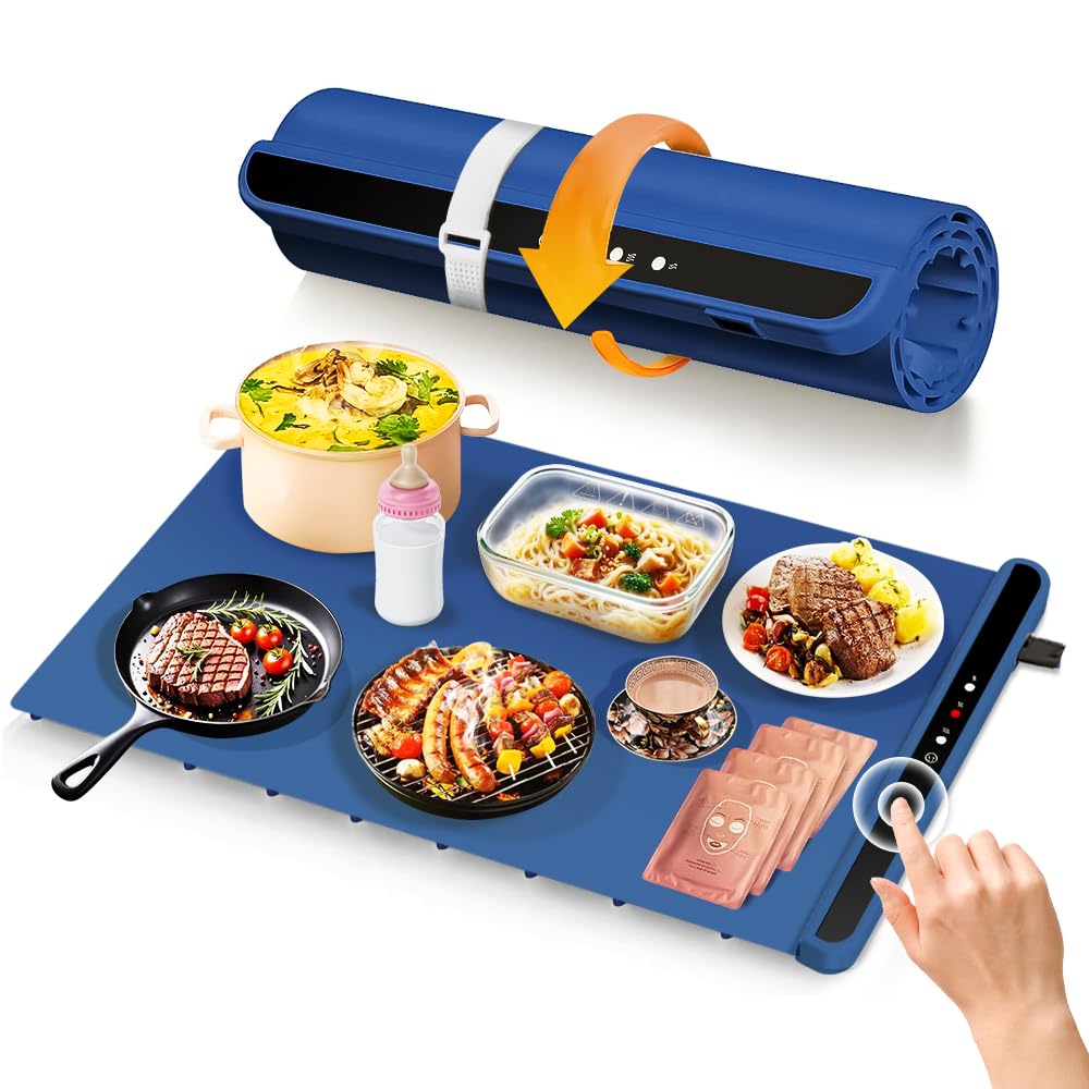 Food Warming Mat for countertop- Full Surface Heating Food Warmer Trays for Buffets Party with Multiple Temperature Settings, Heating Fastly, Portable Design, Timed Function for Your Family (Blue)