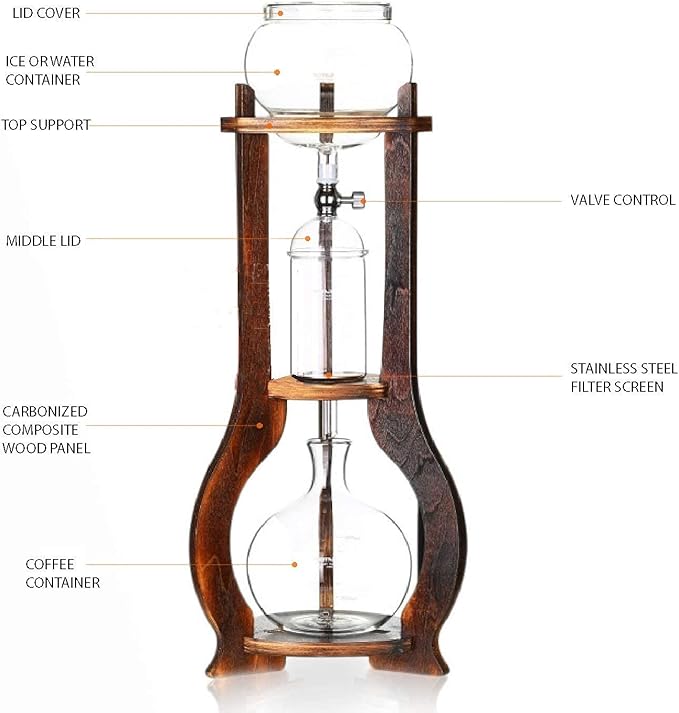 Nispira Iced Coffee Cold Brew Drip Tower Coffee Maker Wooden, 6-8 cup