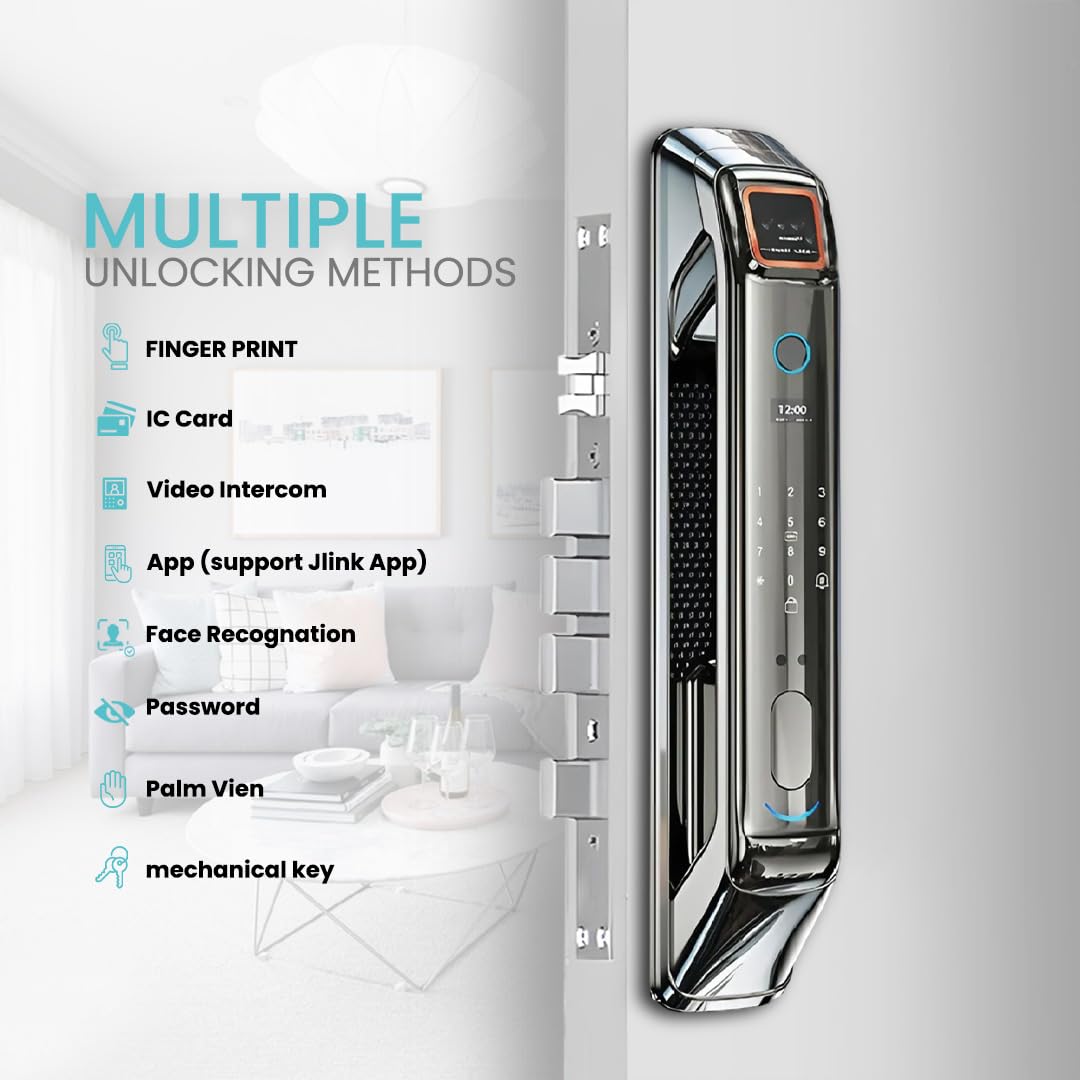 3D Face Recognition Smart Door Lock with Palm Vein, Fingerprint, HD Camera, WiFi Jlink App, Video Intercom & Doorbell | Keyless Entry with Passcode, IC Card & Emergency Key – Alexa, Easy Install