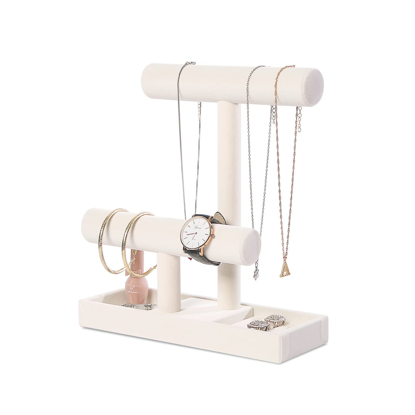 ByKen Multi-Functional 2 Tier Jewelry Holder,Necklace Bracelet Holder with Earrings Rings Tray,Jewelry Organizer Stand for Scrun