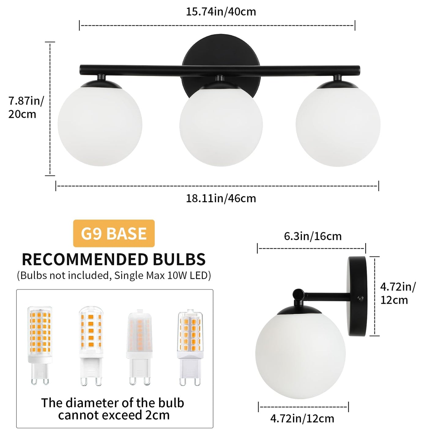 Foucasal Black Globe Bathroom Light Fixtures 3-Light Vanity Light With Plastic Milk White Globe Shades 11.81 Inch Wall Sconce Lighting Over Mirror  Vanity Lights For Bathroom Bedroom Hallway