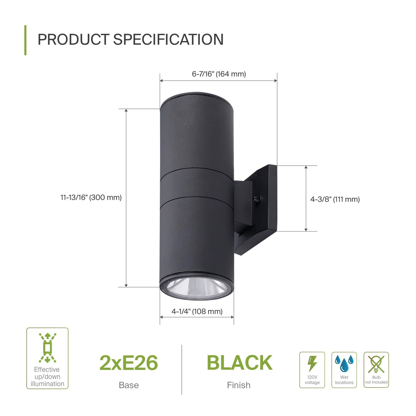 Asd 2 Light Outdoor Wall Light Fixture | 120W E26 Bulb Socket 120V Etl Cylinder Up Down Lights | Led/Cfl/Incandescent Bulb Exterior Wall Sconce | Front Door  Porch  Patio Lighting | Black  2 Pack