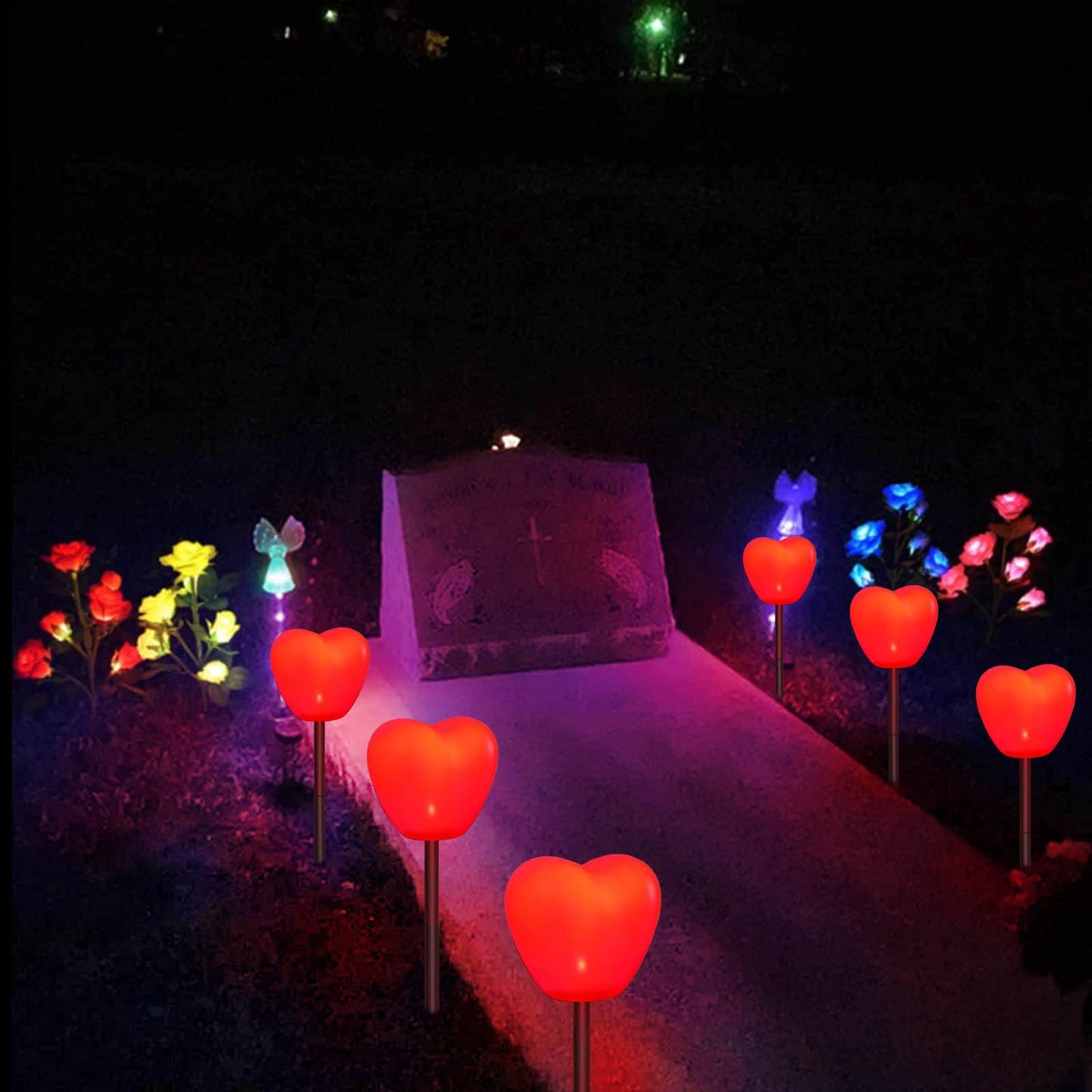 Abkshine Set of 6 Solar Red Heart Stake Lights for Valentines Day Decor, Outdoor Waterproof Heart Shaped Light for Garden Pathway Flowerbed Cemetery Grave Porch Walkway Valentine's Theme Decorations
