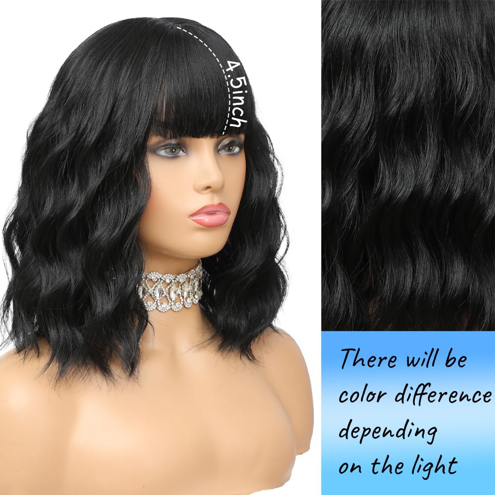 Short Wavy Black Wig with Bangs 14inch Natural Black Wigs for Women Short Curly Bob Wigs Synthetic Natural Looking Hair Replacem