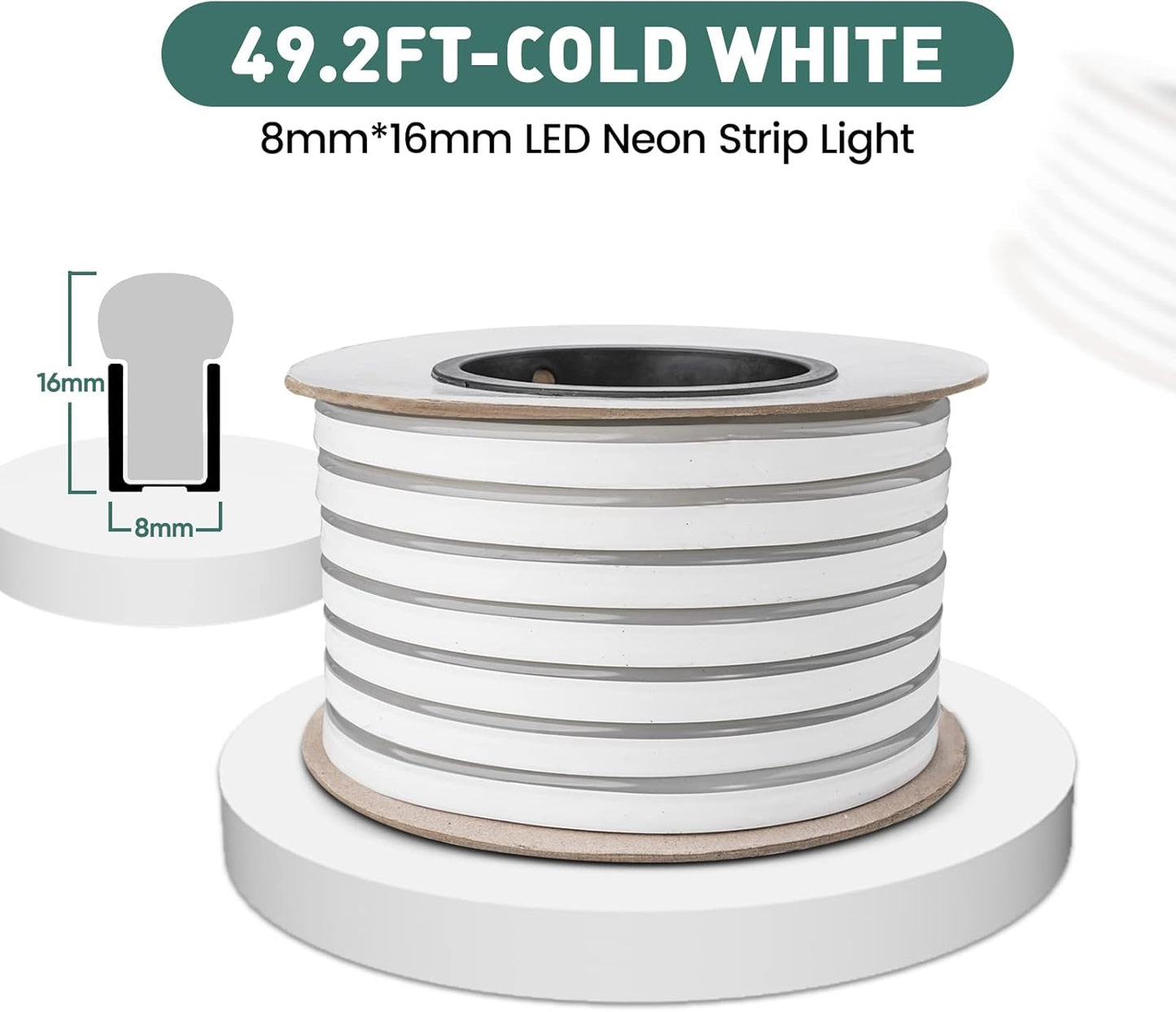 GZBtech Flexible LED Neon Rope Lights 50FT,AC 110-120V Waterproof Strip Light, 120 LEDs/M Cuttable Connectable Neon Lighting for Indoor Outdoor Home Decor/Commercial Building Use-Cold White 15M