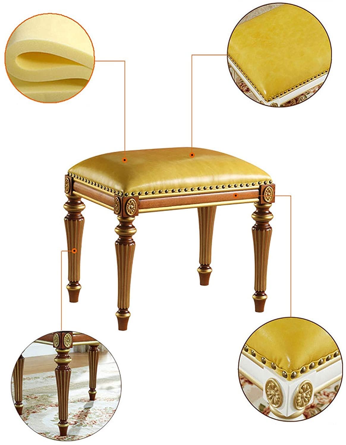 GAZOGJ Leather Piano Bench, Exquisitely Carved Solid Wood Stool Legs, Decorated with Copper Rivets, Thick Padded Cushioned Chair,