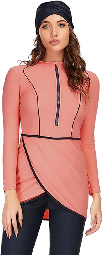 HOKFDC Women Full Covered Swimwear Modest Muslim Swimsuits 3 Pieces Islamic Long Sleeve Burkini with Swimming Cap