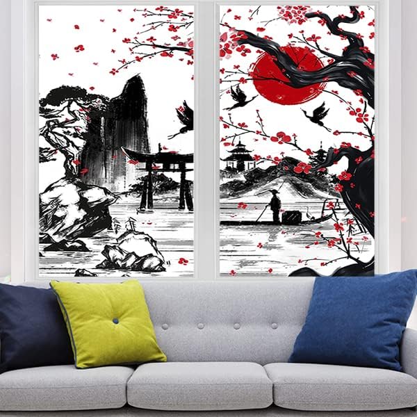 Vintage Japanese Style Decorative Window Film Abstract Ink Japanese Landscape Torii Gatekids Blackout Window Film,Cafe Lighted Window Film 23.6Wx35.4L-Inch X2Pcs
