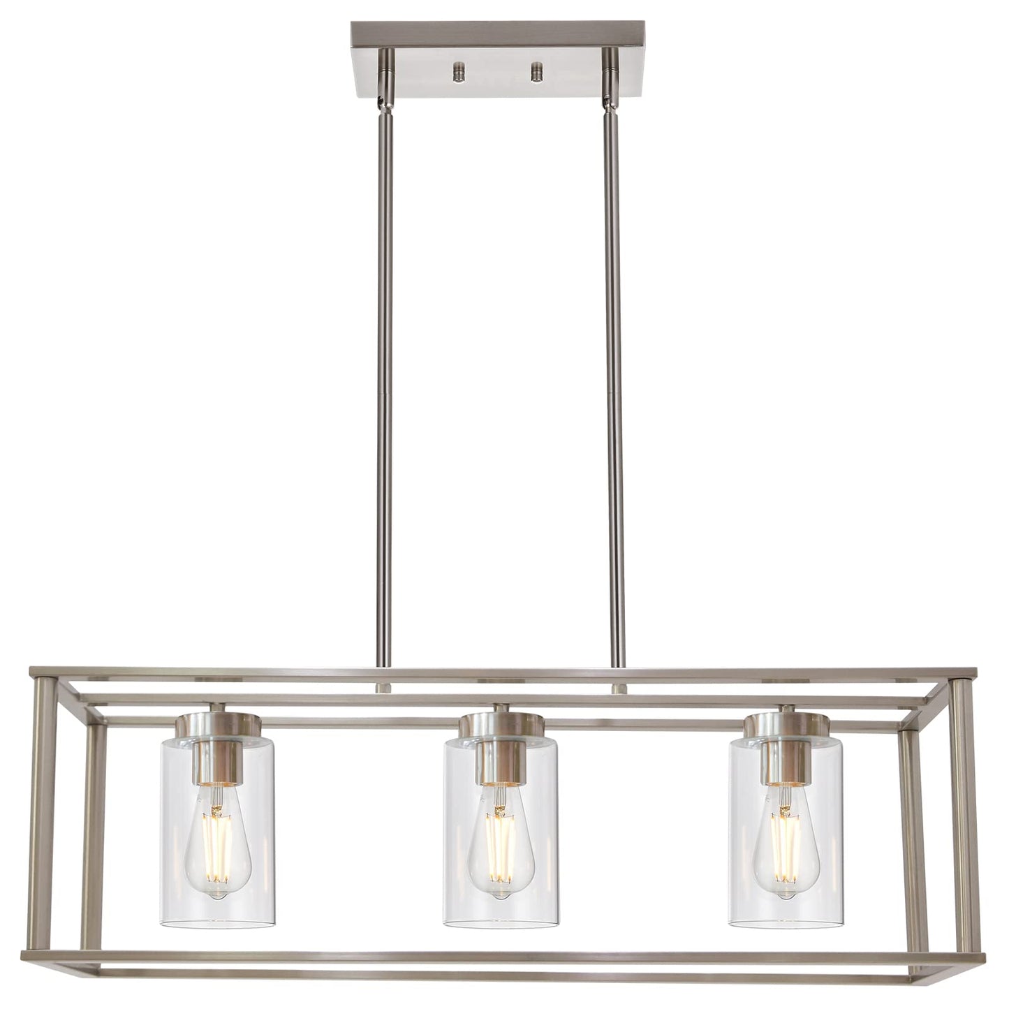 VINLUZ 3 Light Linear Chandelier Brushed Nickel Modern Pendant Light Fixture for Kitchen Island, Dining Room, Model 1811-3-SN