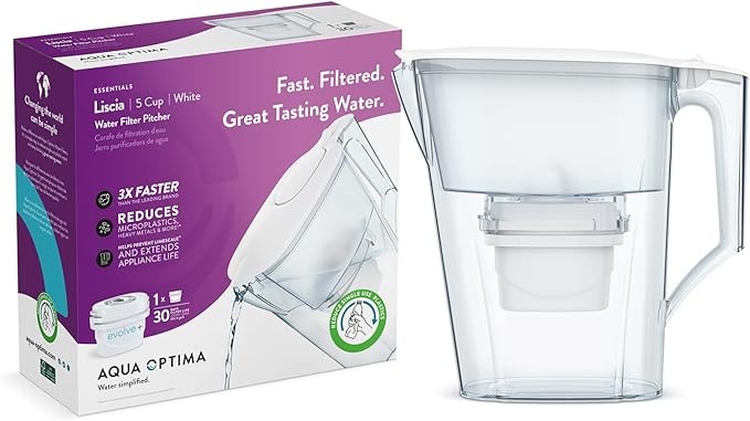 Aqua Optima Water Filter Pitcher for Tap and Drinking Water with 1 Evolve+ Filter, BPA Free, WQA Certified, Liscia Design (White)