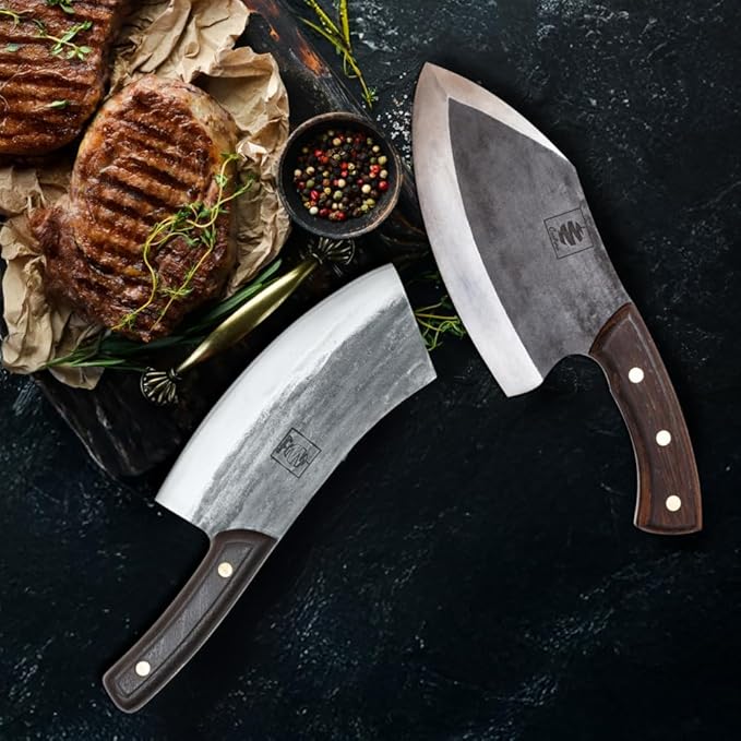 COOLINA Knife Set – Chef, Tungsten & Lixy Knives Bundle – 3-Piece Hand-Forged Carbon Steel Kitchen & BBQ Knives with Wooden Handles – Full Tang Butcher, Cleaver & Cooking Knife Set