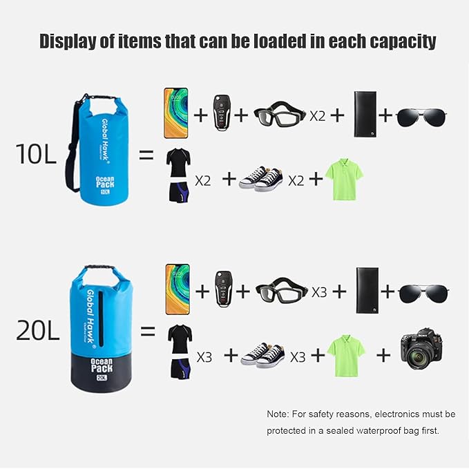 Waterproof Dry Bags: 10L, 20L Sizes - Ideal for Kayaking, Fishing, Rafting, and More! Adjustable Strap for Ultimate Convenience. Stay Dry While Adventuring (Blue, 20L)