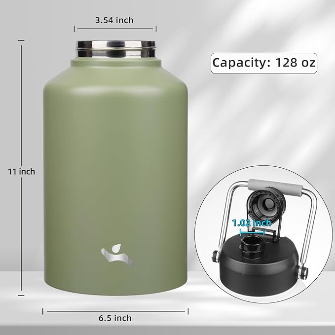 1 Gallon Jug with Handle,128 oz Insulated Water Bottle with Carrying Pouch, Double Wall Vacuum Stainless Steel Metal Bottle,Camp Green