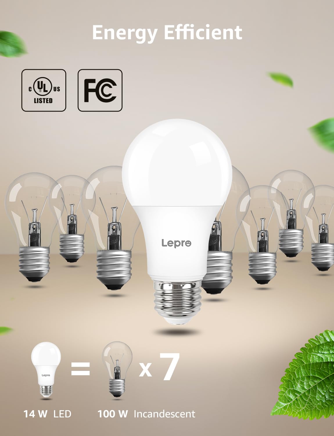 Lepro Dimmable LED Light Bulbs, 100W Equivalent, 14W 1500LM, A19 E26, Daylight White, 6 Pack, UL FCC Listed,