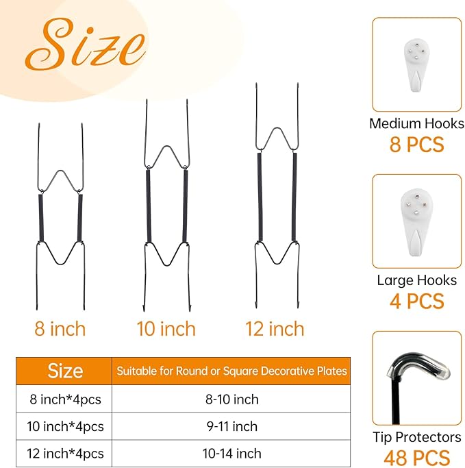 Bilillo 12 Pieces Plate Hangers, 8/10/12 Inch Invisible Wire Holders for Wall Display in Various Sizes with 12 Pieces Wall Hooks for 7.5 to 12.5 Inch Decor and Arts (Black)