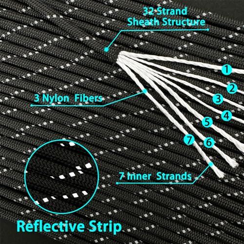 VVAAGG Reflective Paracord Rope 100FT, 7 Strand Nylon para Cord Lanyard Utility 550 Parachute Cord, 4mm Thin Tent Rope for...