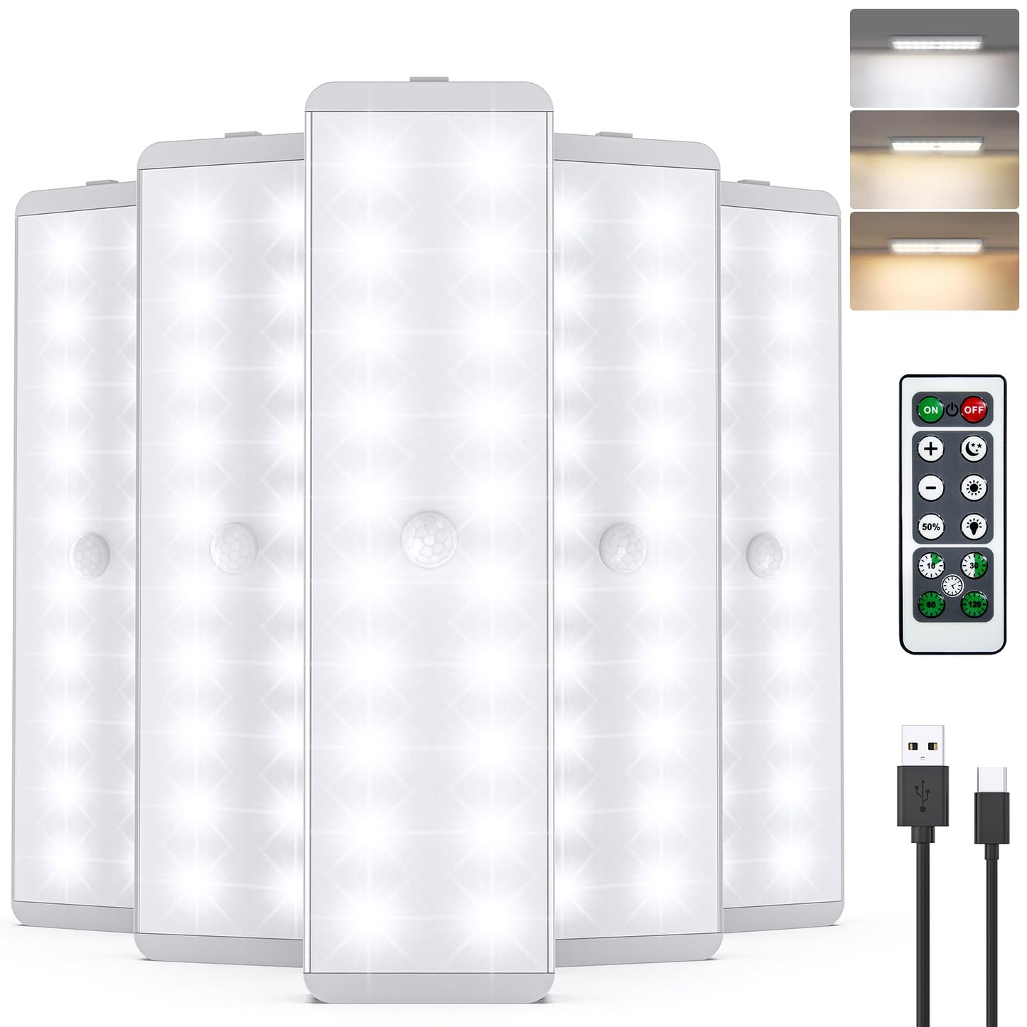 Lightbiz LED Closet Light, 5 Pcs Dimmer Motion Sensor, USB Rechargeable, Wireless Night Light Bar, Aluminum, White, Model P150